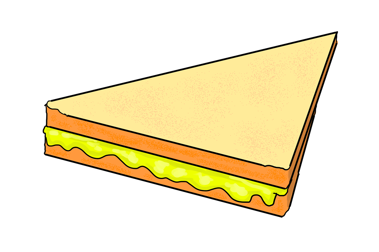 Triangular sandwich with yellow filling between two slices of bread, illustrated in cartoon style.