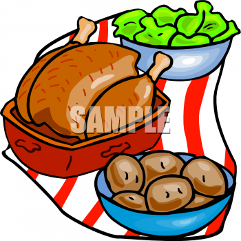 Roasted turkey, mashed potatoes, and green salad served on a red-and-white striped tablecloth.