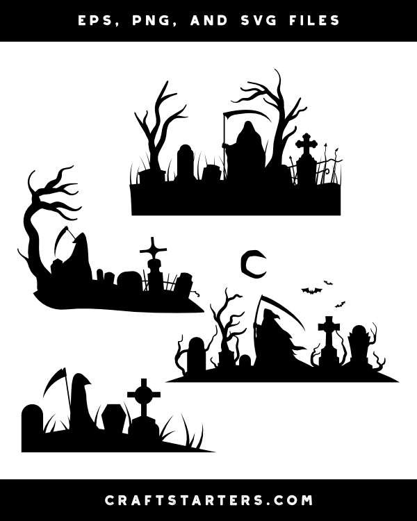Four spooky graveyard silhouette designs with tombstones, bare trees, and the Grim Reaper, ideal for Halloween crafts and SVG cut files.