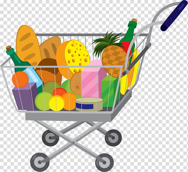 A colorful grocery shopping cart filled with bread, fruit, cheese, wine, canned goods, and packaged items.