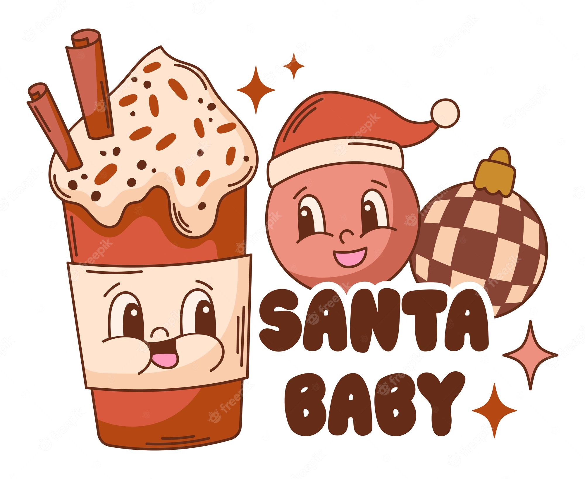 Festive cartoon illustration of a smiling hot chocolate drink with cinnamon sticks, a Santa-hatted round character, and a checkered ornament labeled "SANTA BABY".