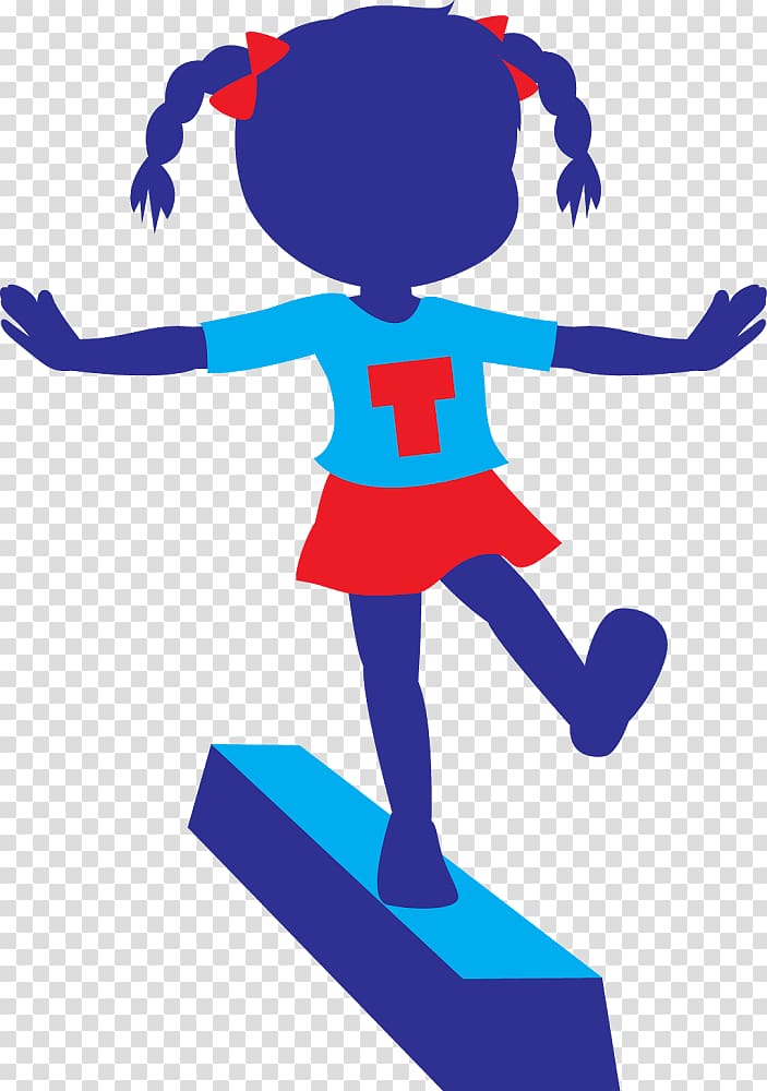 Blue cartoon girl with pigtails, red bow, blue shirt with red 'T', red skirt, balancing on a blue block.