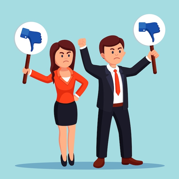 Two frustrated business professionals holding thumbs-down signs, expressing dissatisfaction or disagreement.