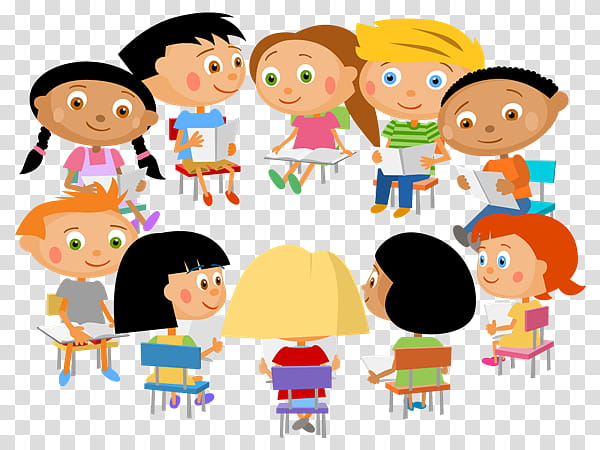 Diverse group of cartoon children sitting in a circle reading books and learning together.