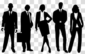 Silhouettes of five diverse business professionals standing confidently in formal attire.