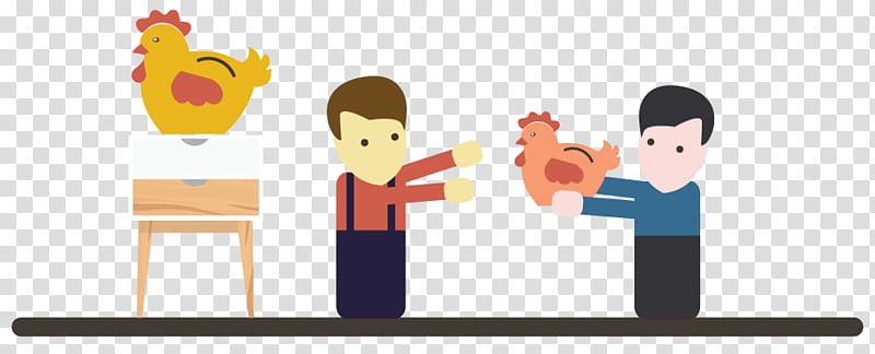 Two cartoon men exchanging a chicken; one holds a live chicken, the other points toward a yellow chicken on a pedestal.