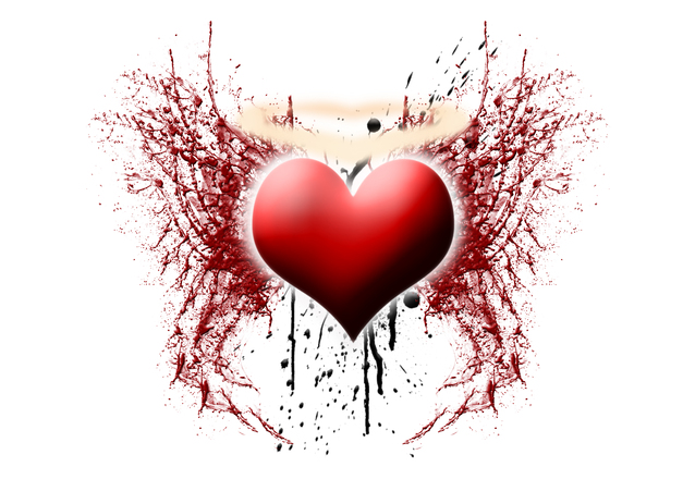 A vivid red heart with blood-like splatters and dark ink drips, evoking themes of passion, pain, or sacrifice.