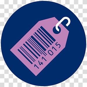 Purple price tag with barcode and number 141015 on a blue circular background.