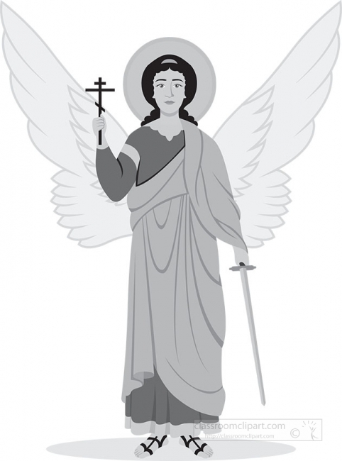 A grayscale illustration of an angel with large wings, holding a cross in one hand and a sword in the other, wearing a draped robe and halo.