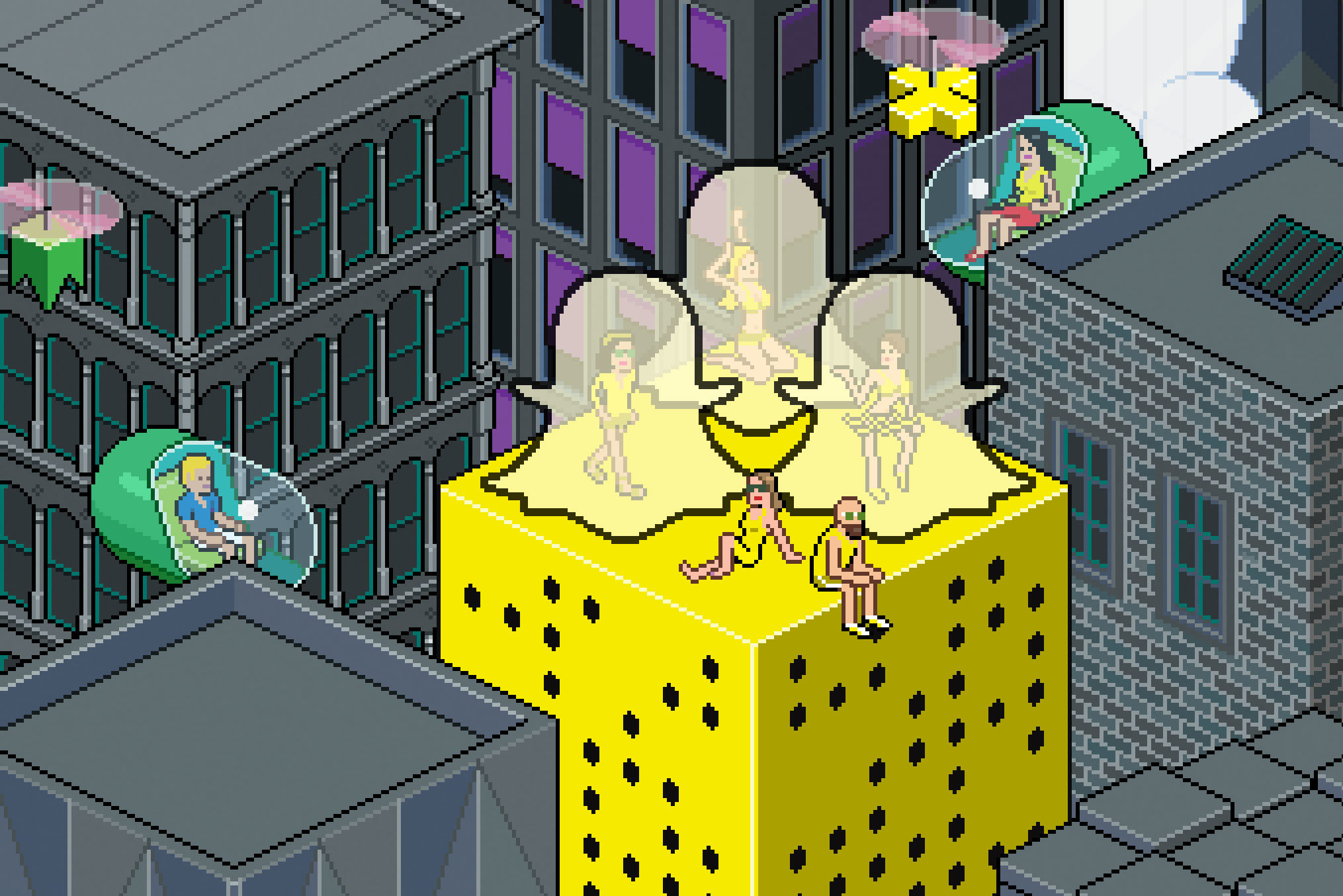 Pixel-art cityscape with surreal yellow cheese-like structure, floating pods, and stylized figures in isometric view.