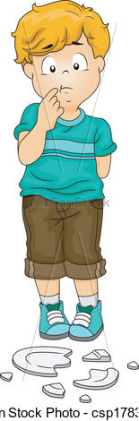 A worried blond boy in a teal shirt and brown shorts stands over broken ceramic shards, hand on chin, looking guilty.