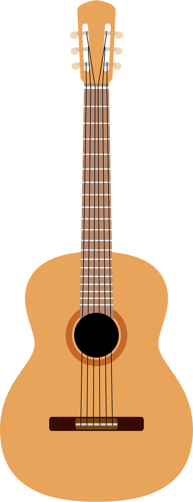 Illustration of a classic six-string acoustic guitar with wooden body, fretted neck, and soundhole.