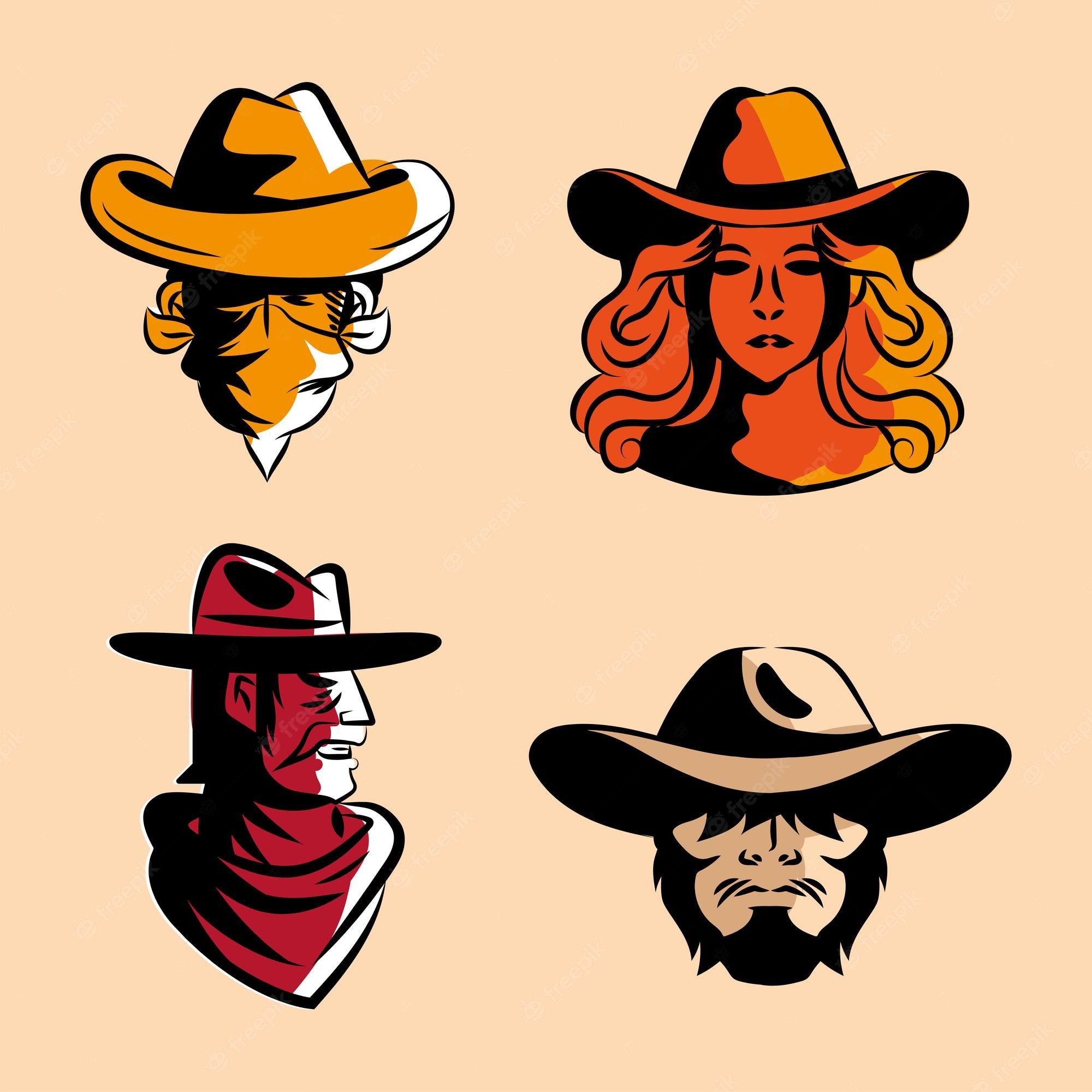 Four stylized cowboy and cowgirl head illustrations in bold orange, red, black, and beige tones with bandanas and wide-brimmed hats.