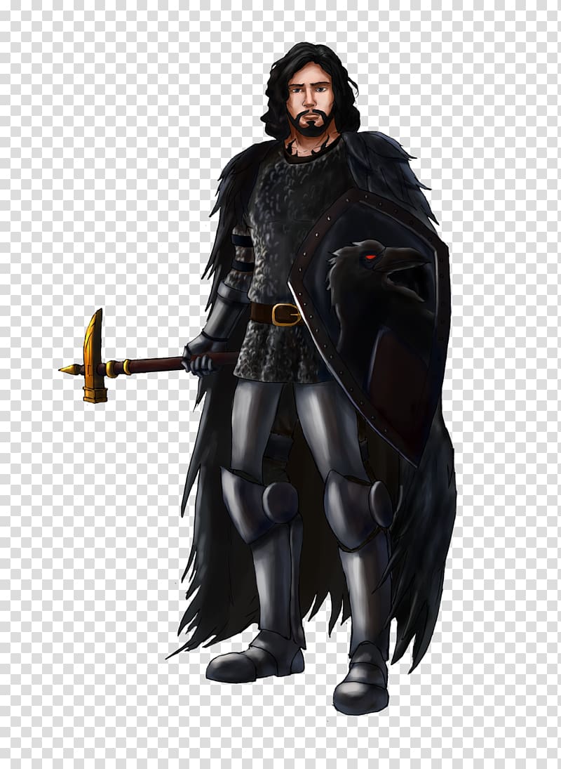 A dark-clad warrior with long black hair, holding a warhammer and a raven-emblazoned shield, wearing feathered cloak and armor.