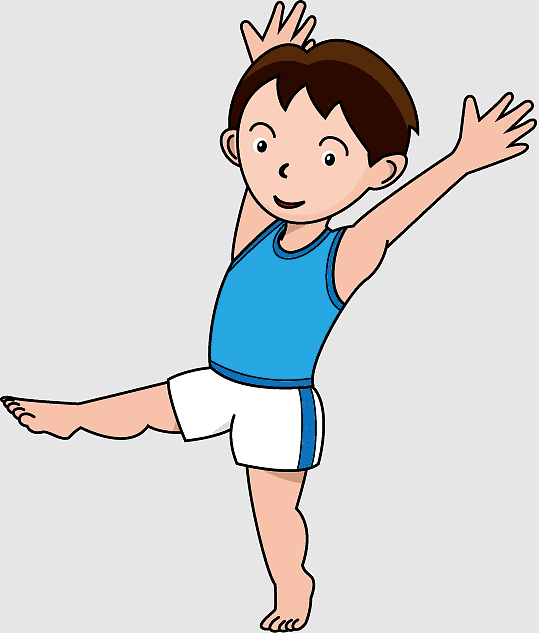 A smiling boy in a blue tank top and white shorts performing a ballet or gymnastics pose with one leg lifted and arms raised.