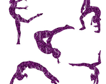 Six glittery purple gymnast silhouettes performing dynamic poses and acrobatic moves on white background.
