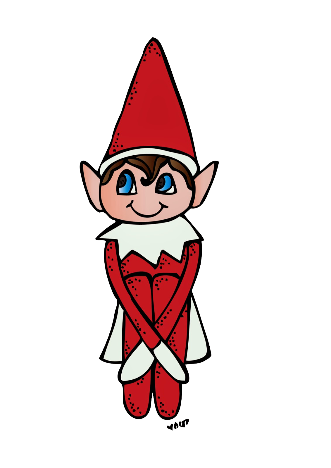 Cheerful cartoon elf with red pointed hat, blue eyes, and crossed arms in festive red-and-white outfit.