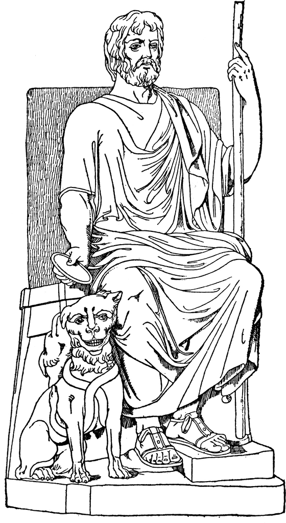 Seated ancient Greek philosopher with beard, holding staff and disc, accompanied by a dog at his feet.
