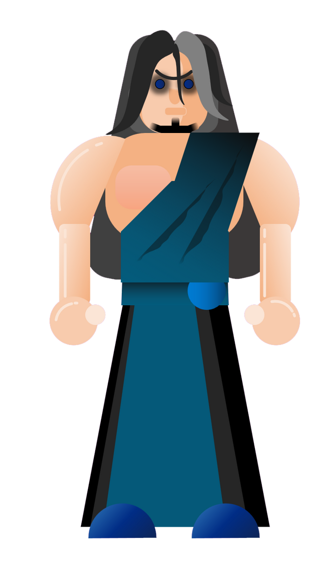 Stylized cartoon warrior with long dark hair, blue eyes, and a teal toga-like robe, standing confidently with fists clenched.