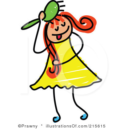 Cheerful cartoon girl with red hair brushing her hair while wearing a yellow dress and blue shoes.