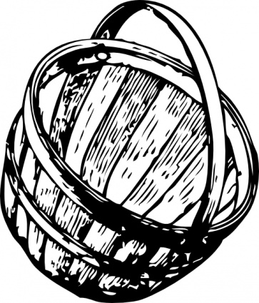 Hand-drawn black-and-white illustration of a classic wooden slat basket with a curved handle.
