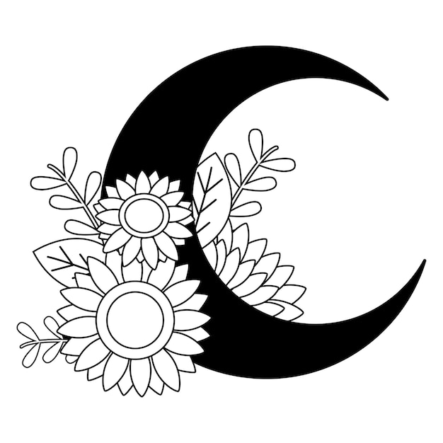 Crescent Moon with Floral Design - Free Line Art Illustration