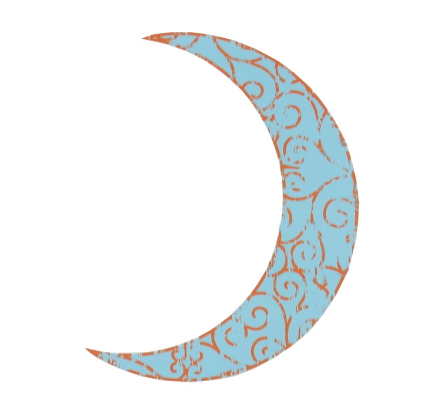 Decorative crescent moon with light blue fill and orange ornamental scrollwork pattern.
