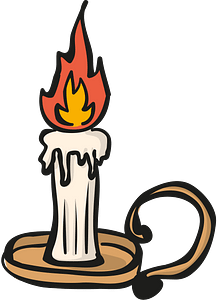 A lit white candle with dripping wax sits in a wooden candle holder with a curved handle, flame glowing orange and yellow.