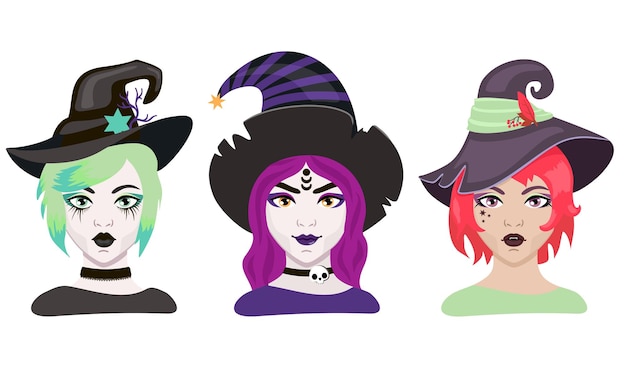Three stylized cartoon witches with colorful hair, hats, and makeup-green, purple, and red themes.