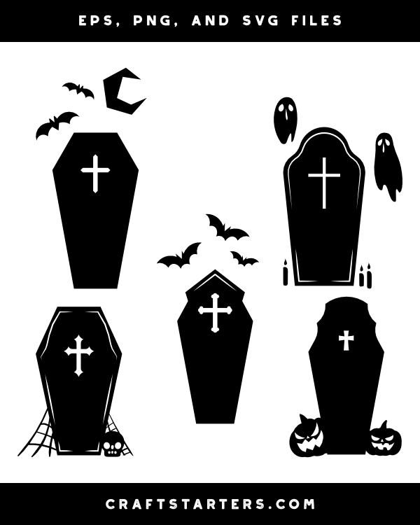 Black-and-white Halloween vector illustrations featuring coffins, ghosts, bats, pumpkins, and tombstones.