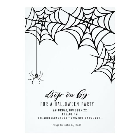 Black spiderweb and spider illustration on white background for a Halloween party invitation.