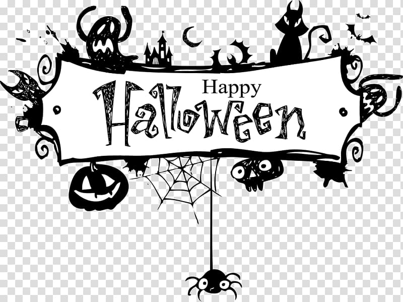 Black-and-white Halloween banner with spooky characters, jack-o'-lantern, spiderweb, and "Happy Halloween" text.