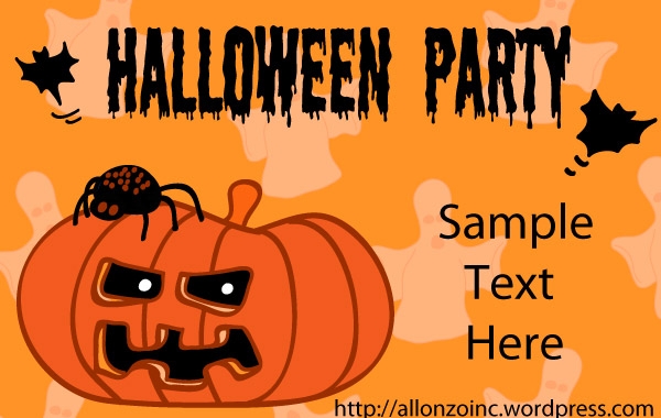 Spooky Halloween party flyer with jack-o'-lantern, spider, bats, and orange background.