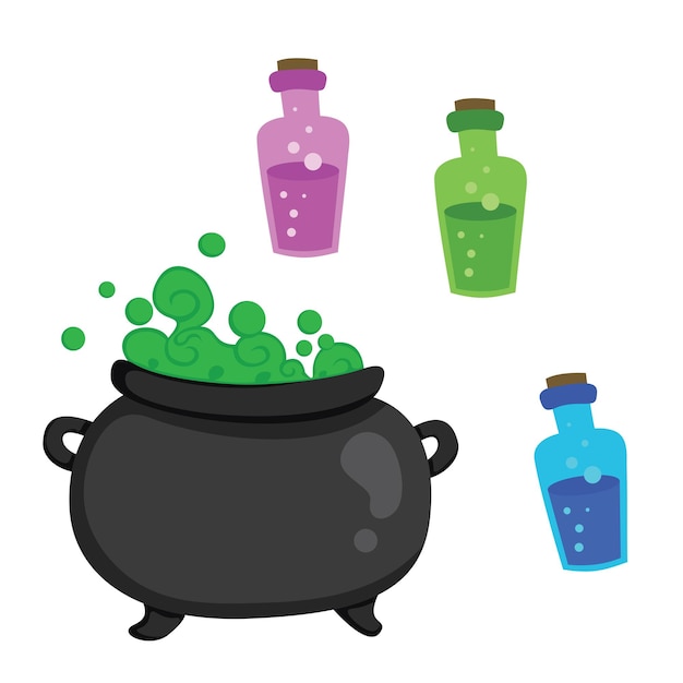 Black cauldron bubbling with green potion, surrounded by three colorful magic potion bottles.