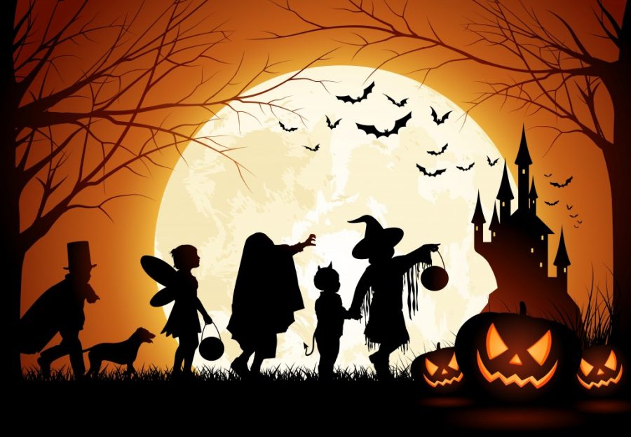 Silhouetted children in Halloween costumes trick-or-treating under a full moon with bats, jack-o'-lanterns, and a spooky castle.