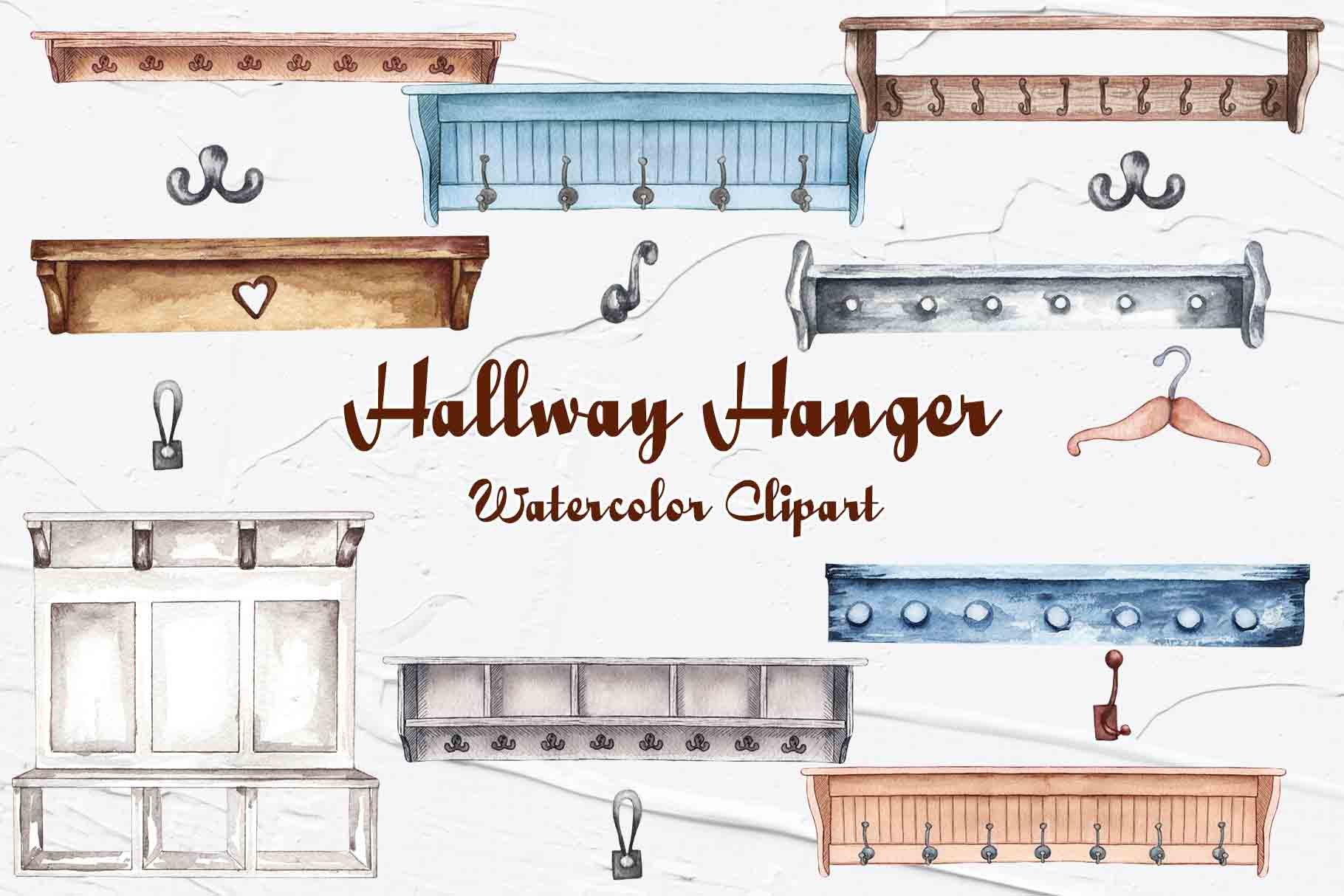 Watercolor illustrations of vintage hallway hangers, coat racks, and hooks in wood, metal, and painted styles.