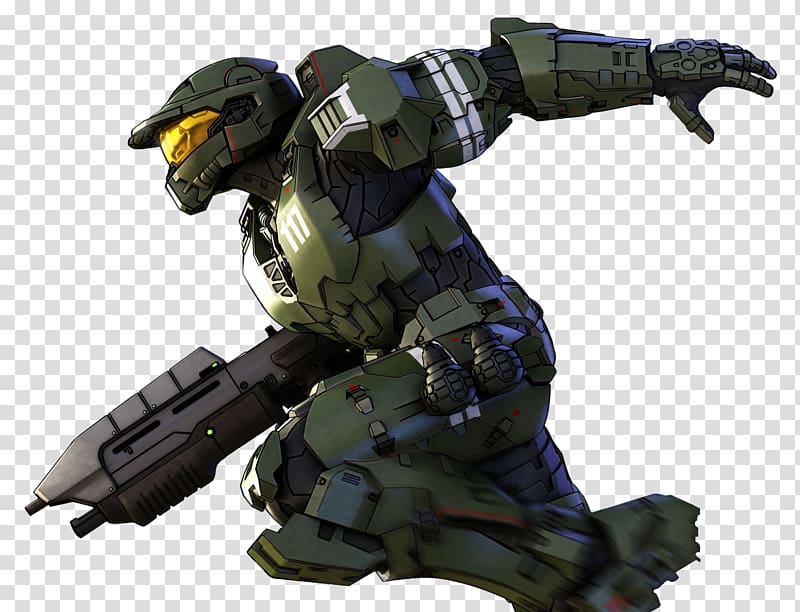 Master Chief in green Mjolnir armor, crouching with assault rifle and grenades, helmet visor glowing yellow.