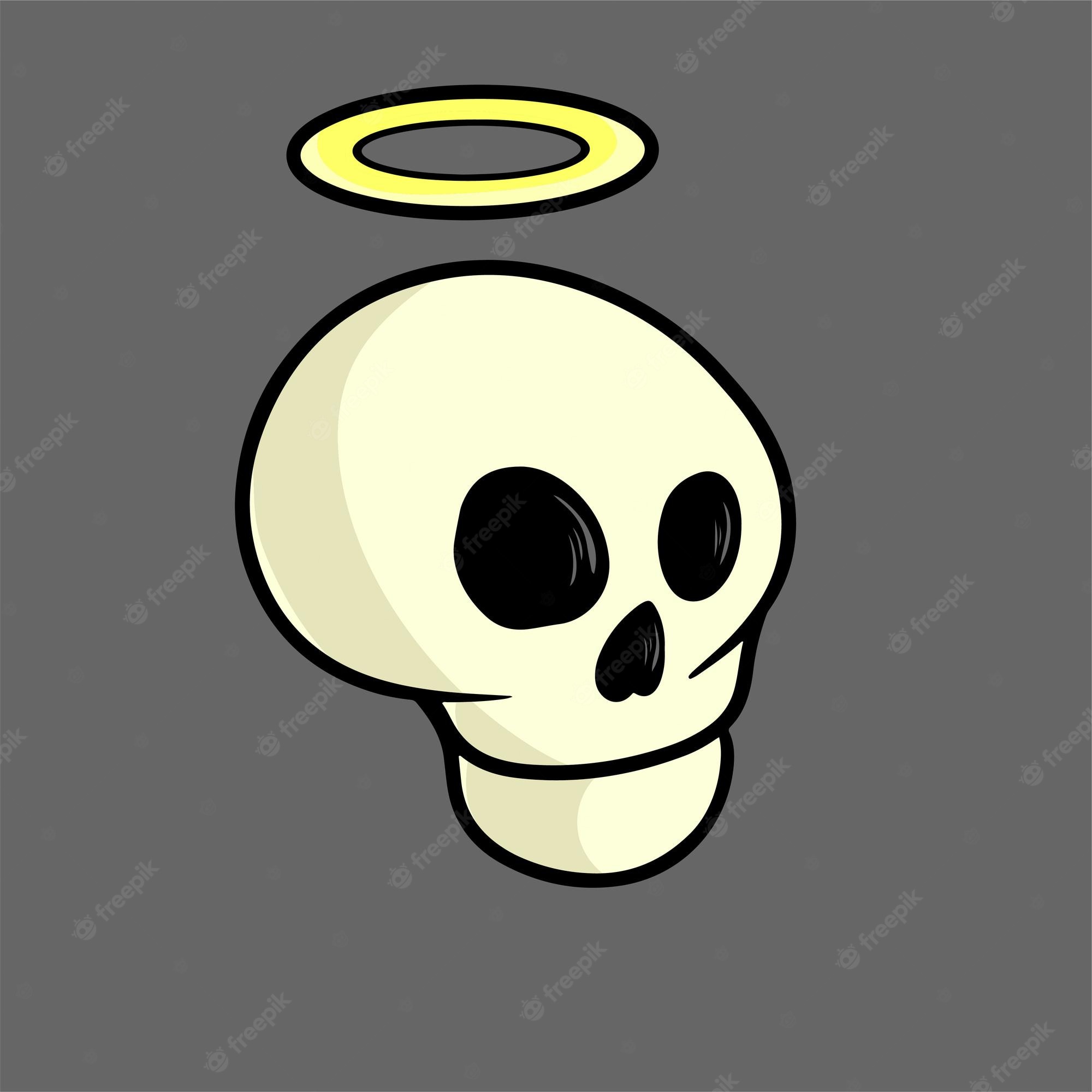 Cute cartoon skull with a yellow halo, stylized and friendly-looking on gray background.