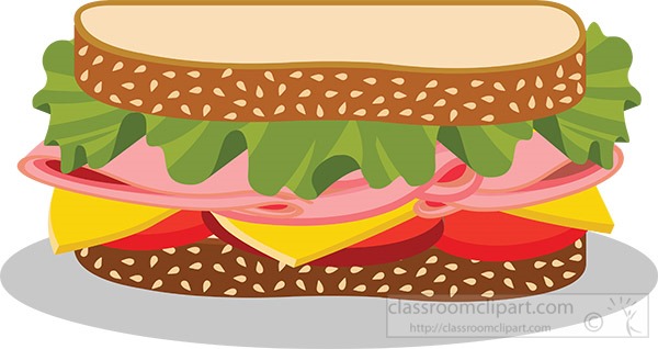 Illustration of a layered sandwich with sesame seed bread, lettuce, ham, cheese, and tomato.