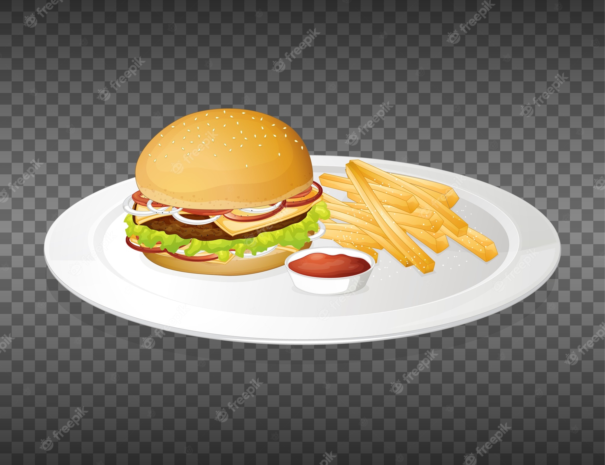 A juicy cheeseburger with lettuce, tomato, onion, and pickles, served with golden fries and ketchup on a white plate.