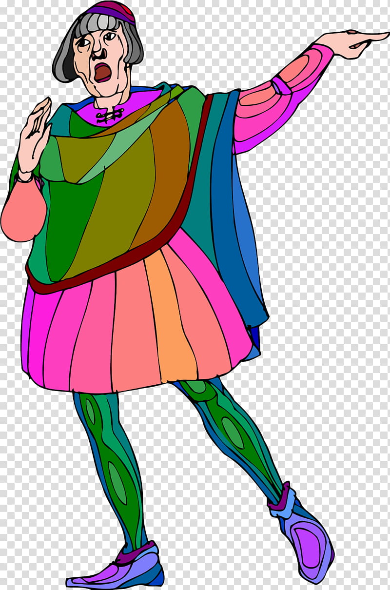 Colorful cartoon jester or medieval fool in vibrant layered costume, pointing dramatically with open mouth.