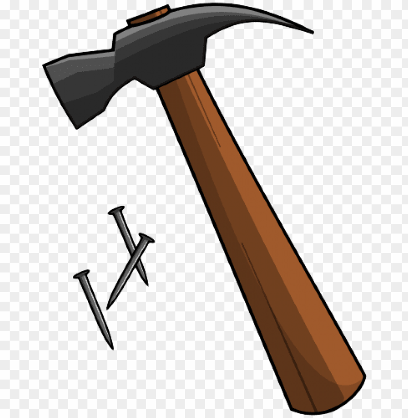 Cartoon-style claw hammer with wooden handle and three steel nails on transparent background.