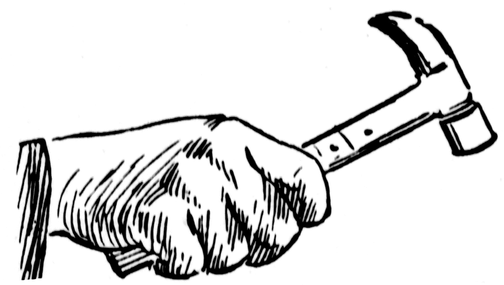 A hand gripping a claw hammer in a bold black-and-white line drawing style.