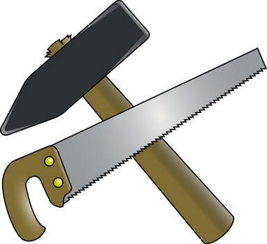 A crossed hammer and hand saw with wooden handles and metal heads, symbolizing carpentry or construction tools.