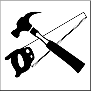 Black silhouette of a claw hammer and handsaw crossed diagonally on white background.