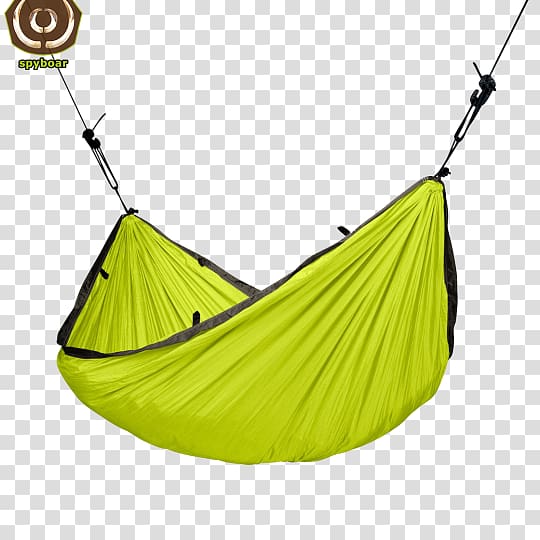 Bright lime-green double camping hammock with black trim, suspended by ropes and carabiners, against transparent background.