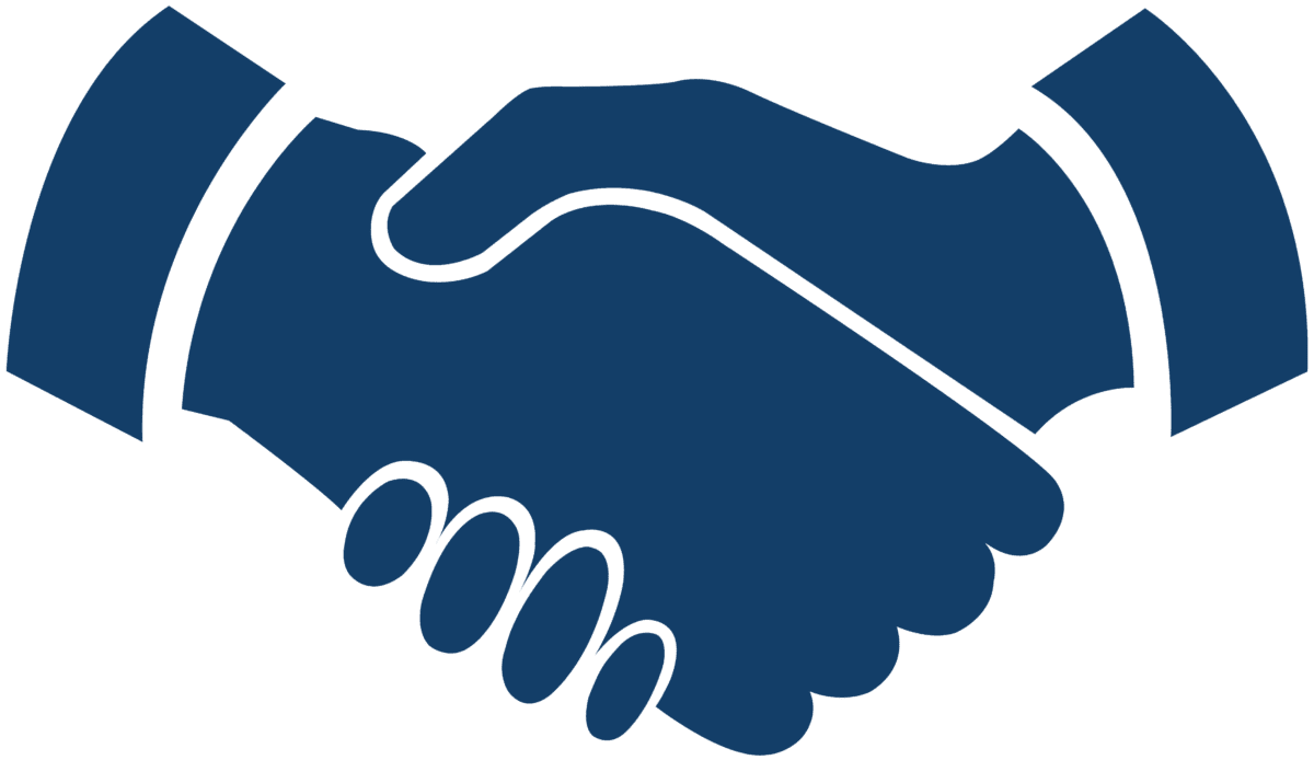 Blue handshake icon on green background symbolizing partnership, agreement, or collaboration.