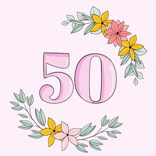 Pink number 50 surrounded by floral wreath with yellow and pink flowers and green leaves on light pink background.
