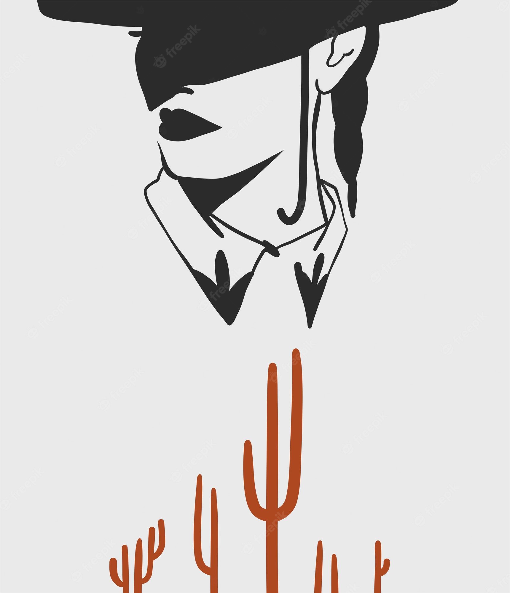 Stylized black-and-white illustration of a woman in a wide-brimmed hat and scarf, with desert cacti below.