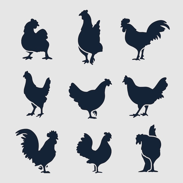 Nine black silhouettes of chickens and roosters in various poses on light gray background.